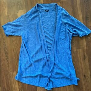Eileen Fisher Blue Open Front Cardigan Organic Linen Knit Short Sleeve Size XL
